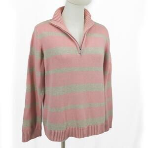 Liz & Co Petite 100% Cotton Striped Half Zip Sweater PXL – Pink Beige Pullover